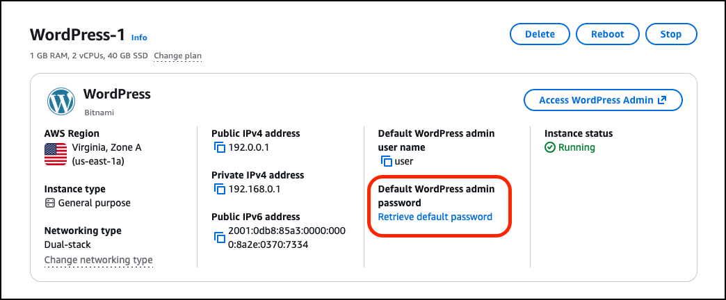 Zugreifen auf das WordPress Admin-Passwort in Lightsail.