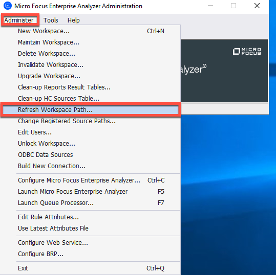 Menü „Verwalten“ des Rocket Enterprise Analyzer-Administrationstools, wobei die Option Workspace-Pfad aktualisieren ausgewählt ist.