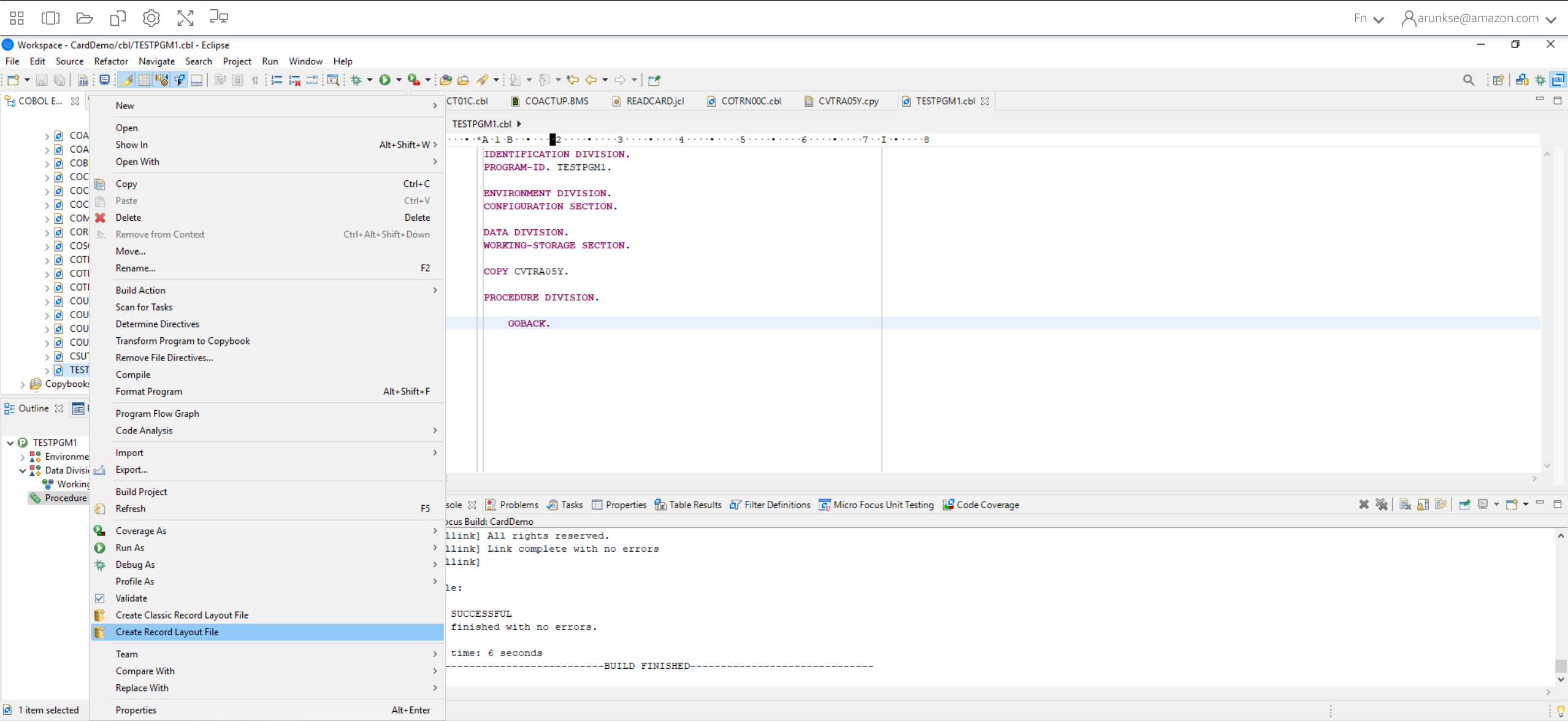 Speicherort des Befehls „Datensatz-Layout-Datei erstellen“ in Enterprise Developer.