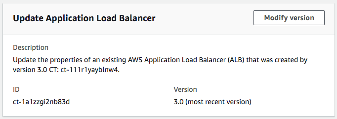 Update Application Load Balancer interface showing description, ID, and version details.