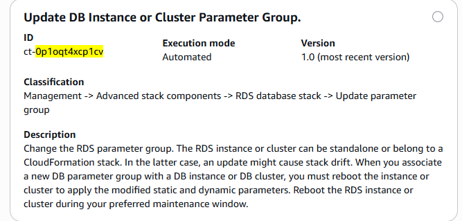 Screenshot des Änderungstyps „Parametergruppe aktualisieren“ der DB-Instance oder des Clusters in der AMS-Konsole