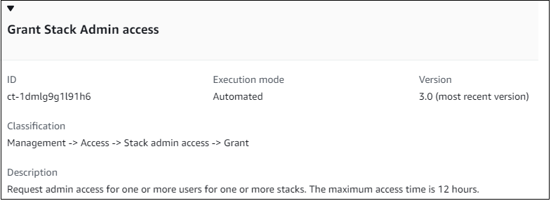 Grant Stack Admin access interface showing ID, execution mode, version, and description.