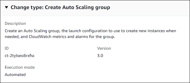 Create Amazon EC2 Auto Scaling group interface showing description, ID, version, and execution mode.