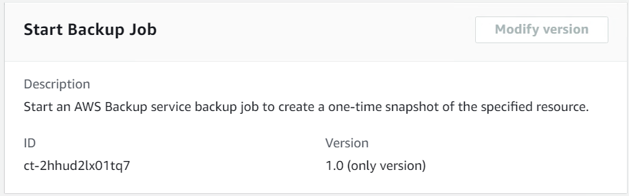Start Backup Job interface with description, ID, and version details for AWS Backup service.