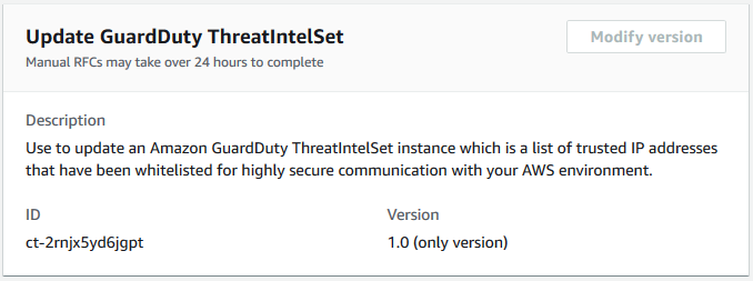 GuardDuty ThreatIntelSet update interface showing description, ID, and version details.