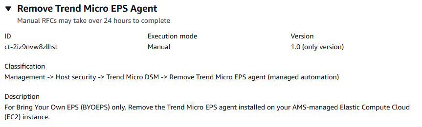 AMS-Konsole für Fortgeschrittene, RFC-Abschnitt erstellen, Feld mit den Typdetails für ct-2iz9nvw8zlhst ändern: Trend Micro EPS Agent entfernen (Überprüfung erforderlich).