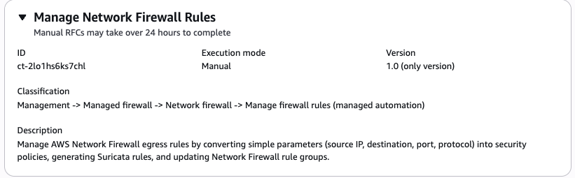 Netzwerk-Firewallregeln ändern den Typ mit ID, Ausführungsmodus, Version und Klassifizierung.