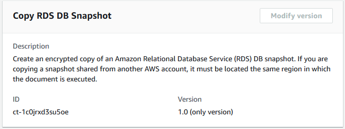 Beschreibung and details for creating an encrypted copy of an Amazon RDS DB snapshot.