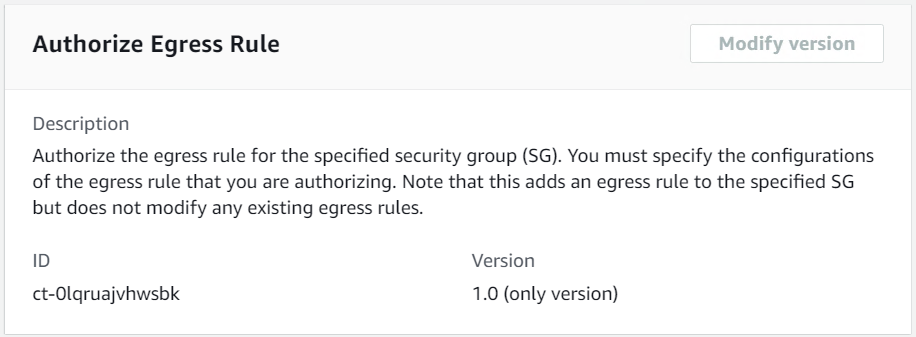 Authorize Egress Rule interface with description, ID, and version fields for security group configuration.