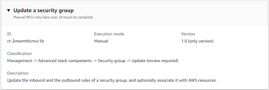 Security group update interface showing ID, execution mode, version, and description.