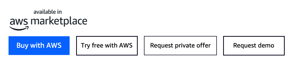 AWS Marketplace call-to-action Schaltflächen: Kaufen mit AWS, Kostenlos testen mit AWS, Privates Angebot anfordern und Demo anfordern