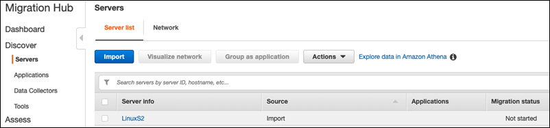 Dies ist ein Bild der Serverlistenseite der Migration Hub Hub-Konsole.
