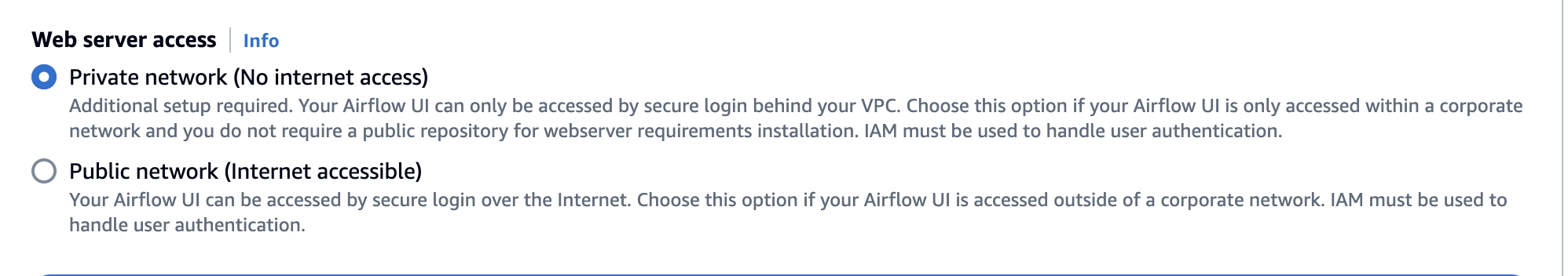 Dieses Bild zeigt, wo Sie die Option Privates Netzwerk auf der Amazon MWAA-Konsole finden.