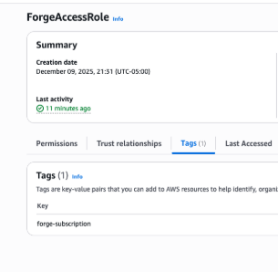 Registerkarte „Tags“ mit dem Schlüsseltag „Forge-Abonnement“ in der Rolle. ForgeAccessRole