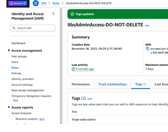 Tags-Bereich, in dem „Forge-Abonnement“ als Schlüssel in der ausgewählten Rolle angezeigt wird.