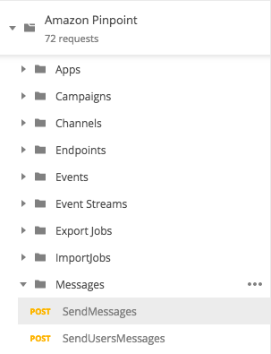 Der Ordner Nachrichten in der Amazon-Pinpoint-Postman-Sammlung. Der Ordnerinhalt wird erweitert, SendMessages und die SendUsersMessages Anfragen werden angezeigt.