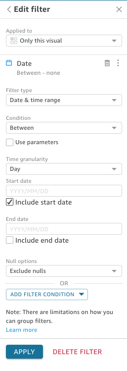 Datum filter options including time range, condition, parameters, and granularity settings.