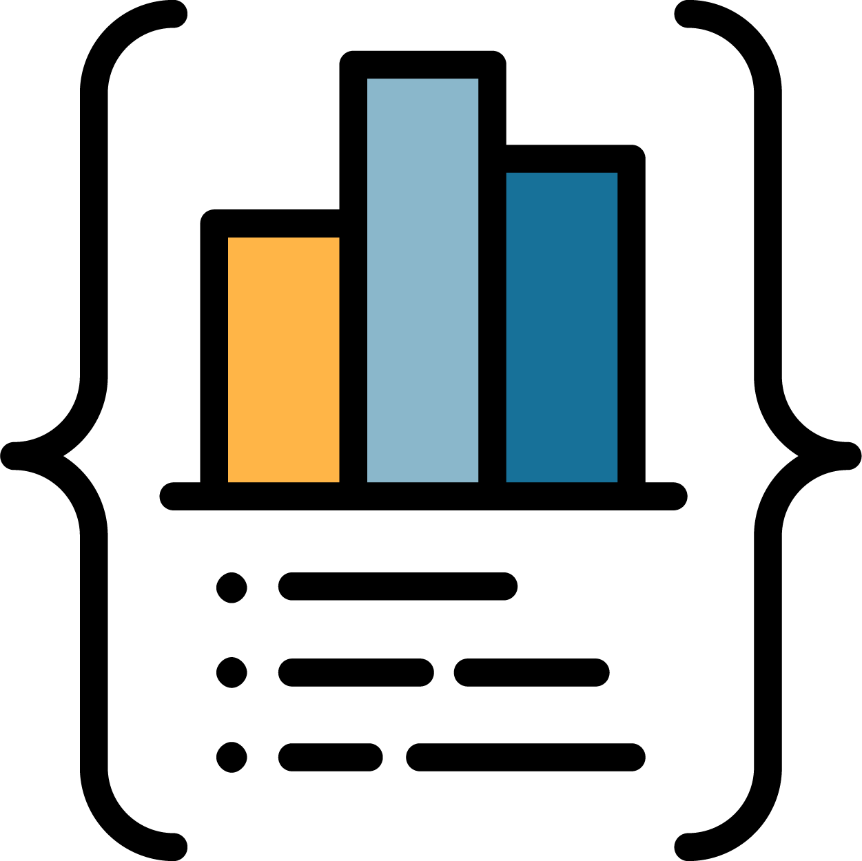Bar chart icon enclosed in curly braces with three lines of text below.