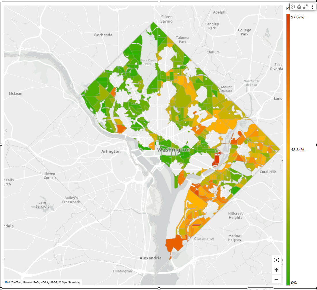 Map of Washington D.C. area with color-coded regions indicating varying percentages across districts.
