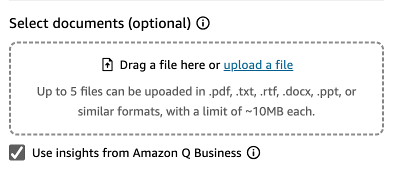 File upload interface for selecting documents, allowing up to 5 files of various formats.