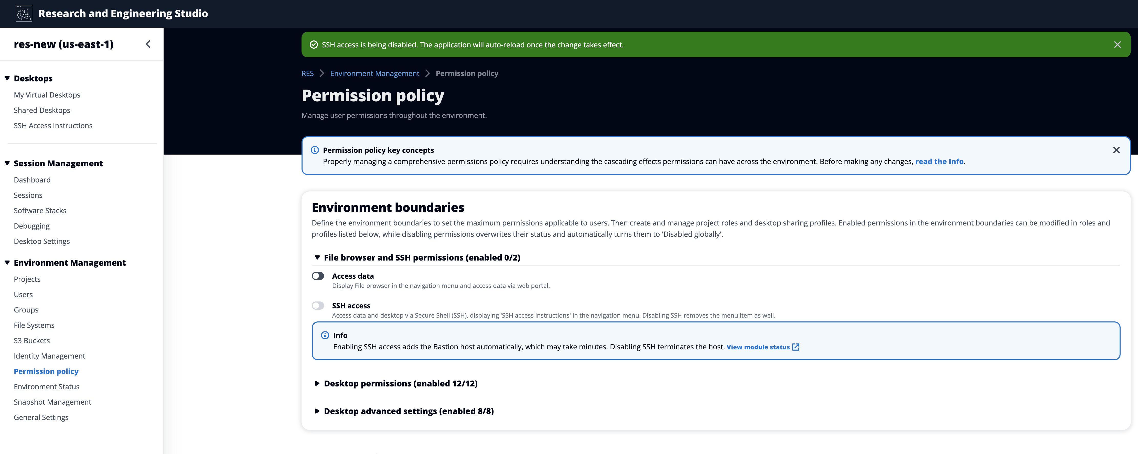 Permission policy interface showing environment boundaries and file browser settings.