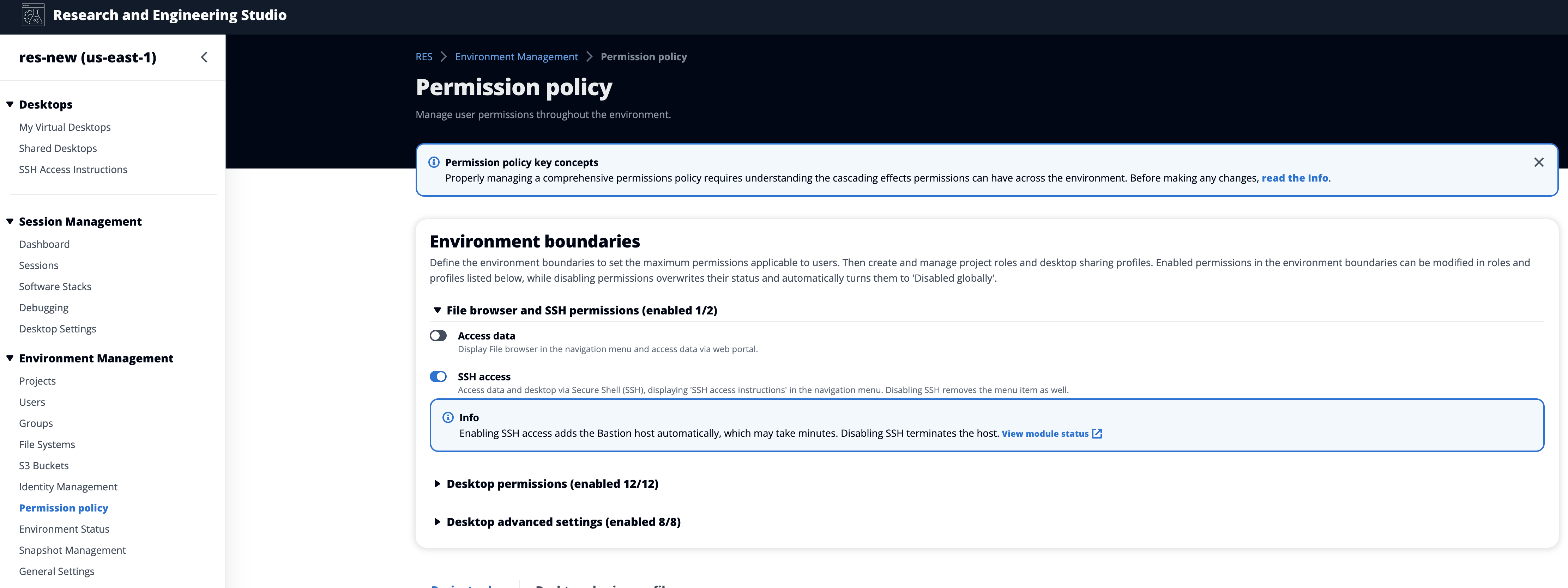 Permission policy interface showing environment boundaries and SSH access settings.