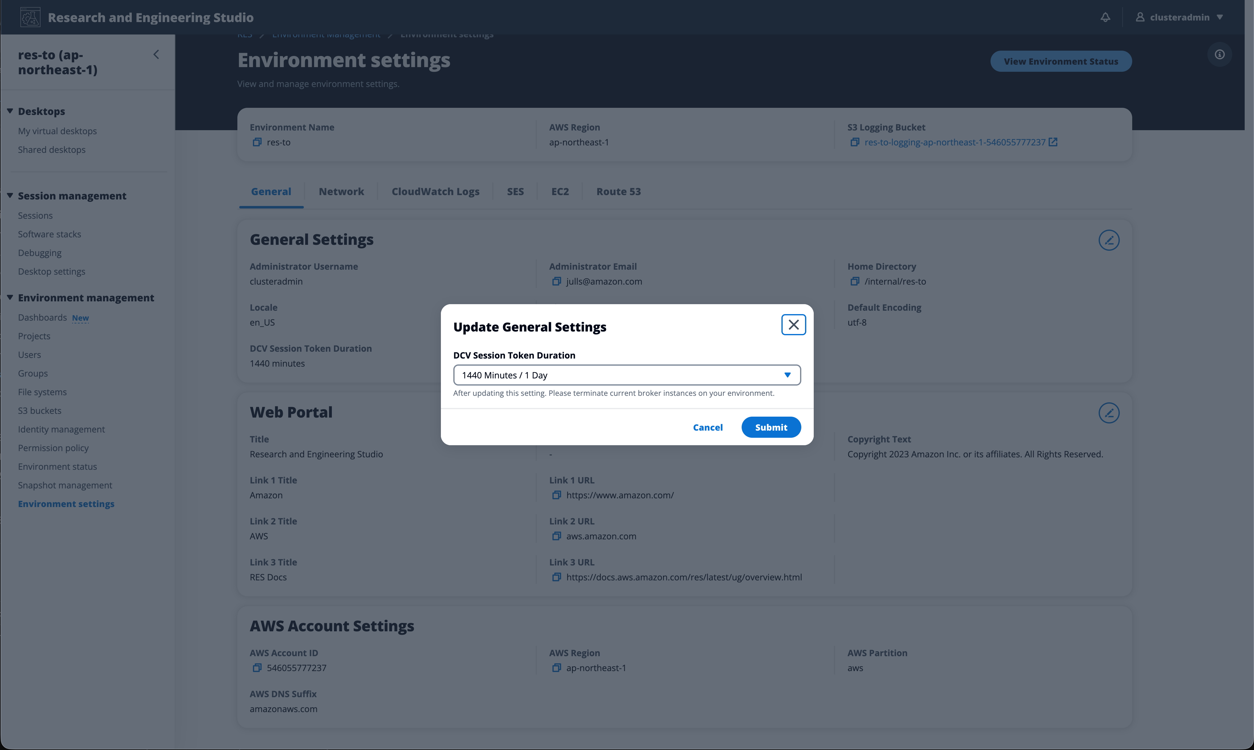 Einstellung für den Ablauf des DCV-Sitzungstoken in den Desktop-Einstellungen