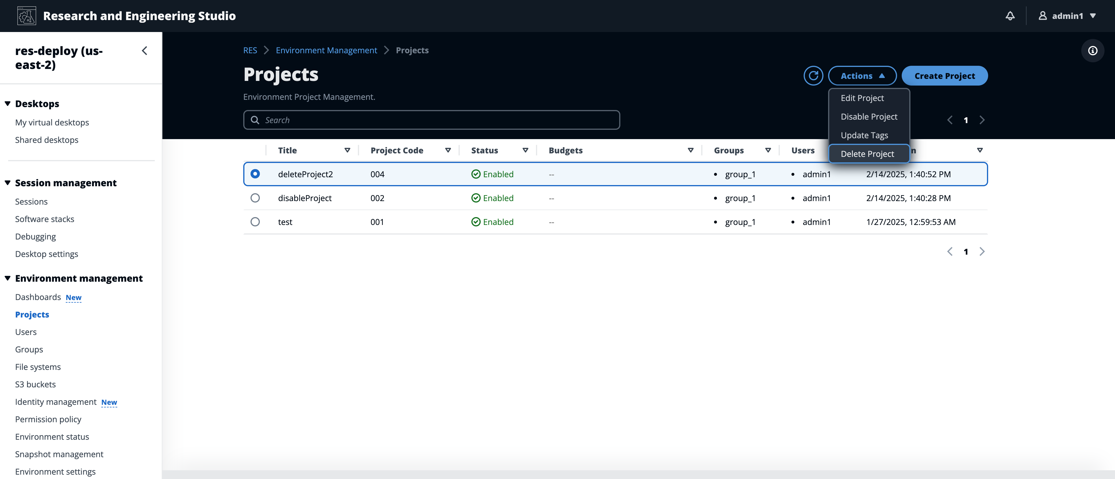 Seite „Projekte“ mit Drop-down-Optionen für Aktionen