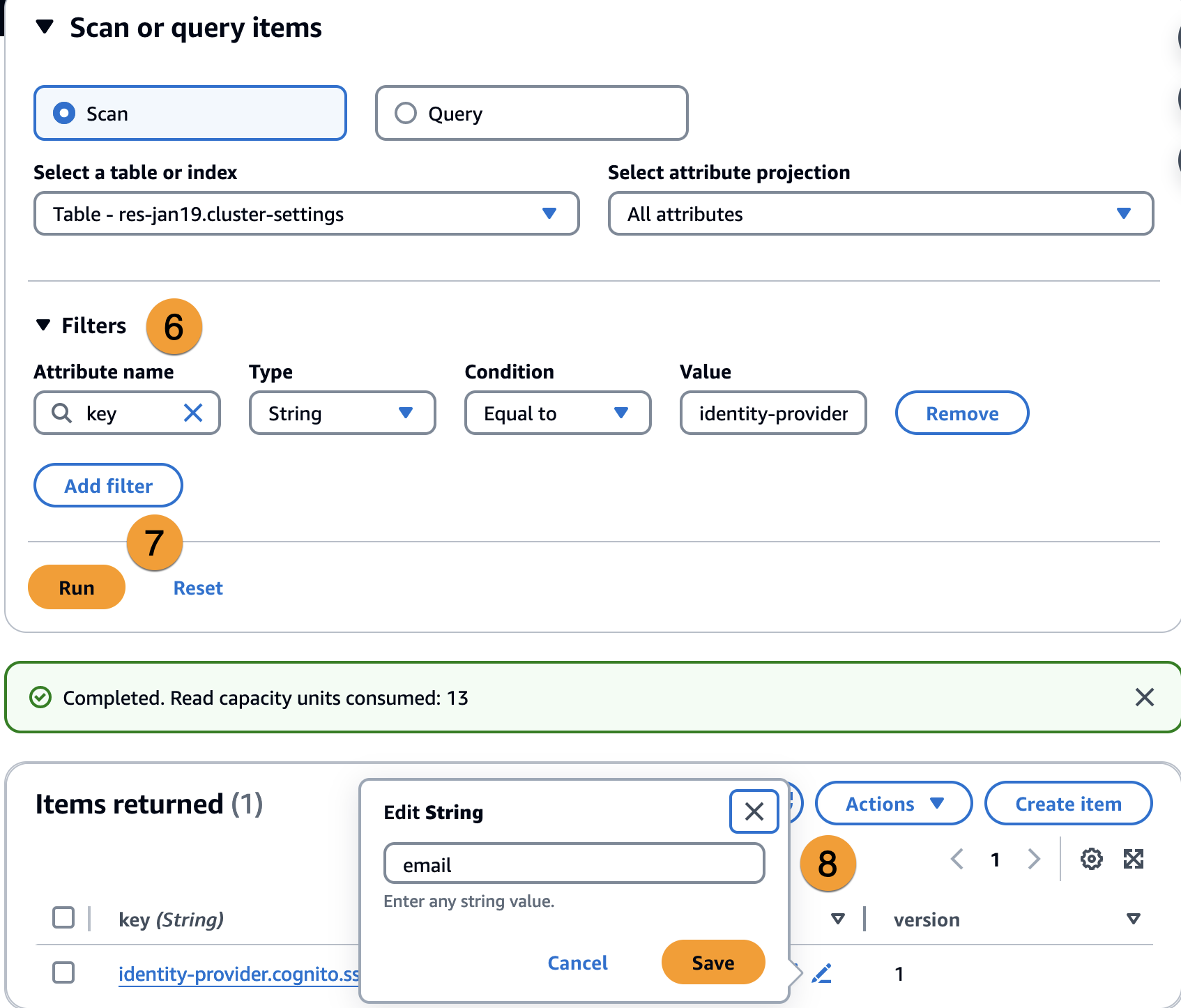 Das Amazon Cognito Cognito-Update der in DynamoDB zurückgegebenen Filter und Artikel.
