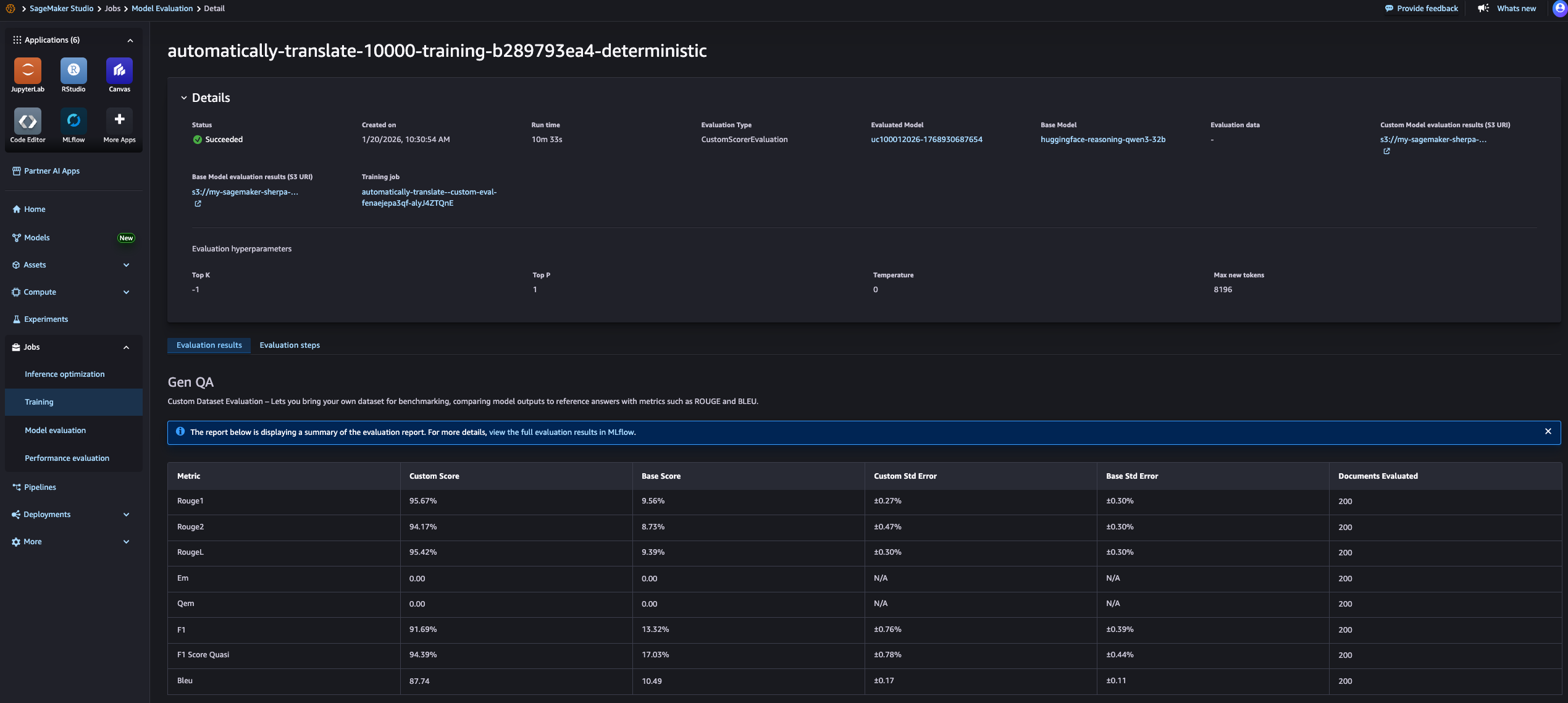 Beispiele für Leistungskennzahlen für einen benutzerdefinierten Gen-QA-Benchmark, visualisiert in Studio SageMaker