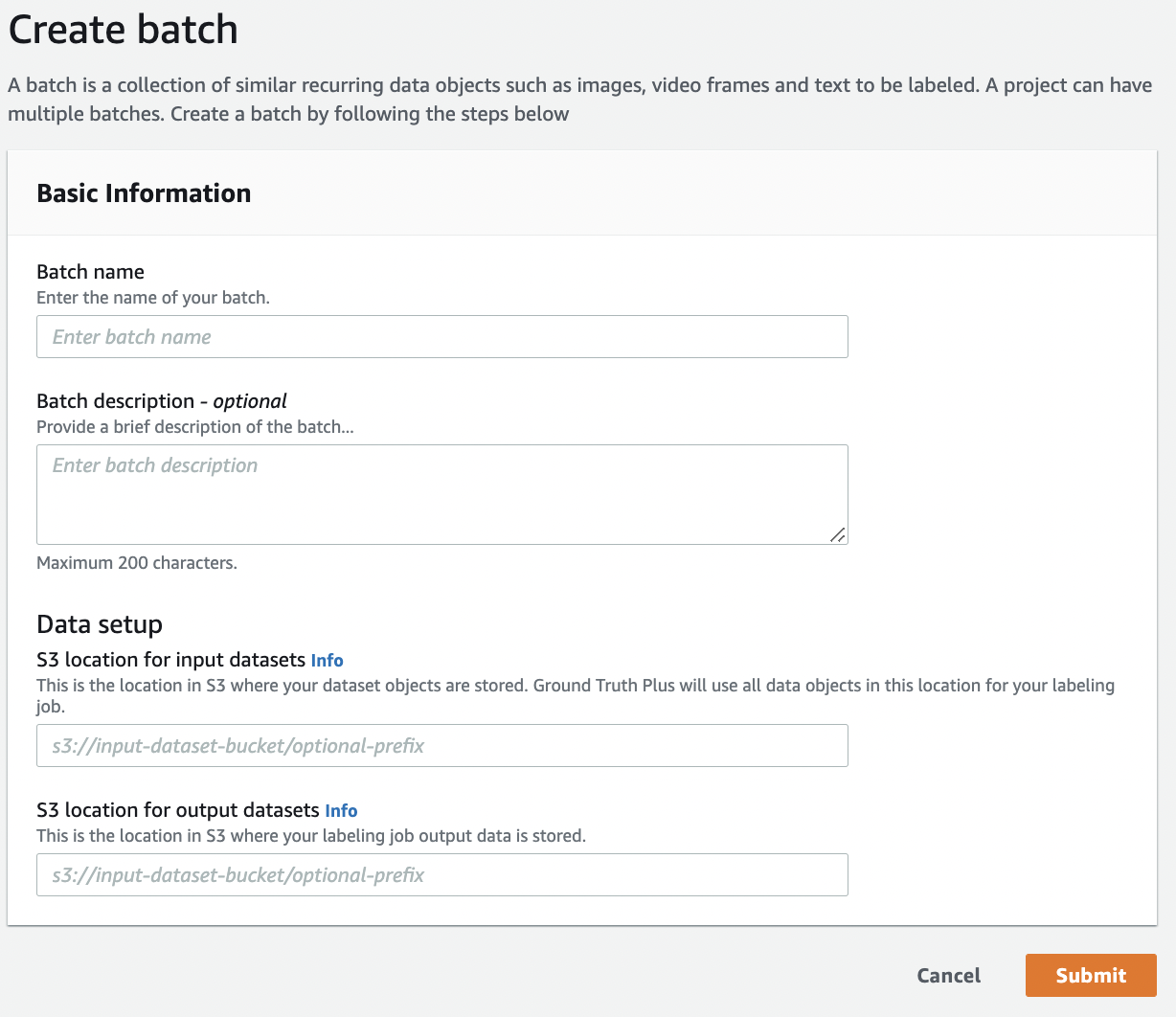 Das Aufnahmeformular für die Erstellung eines Batches mit Amazon SageMaker Ground Truth Plus.