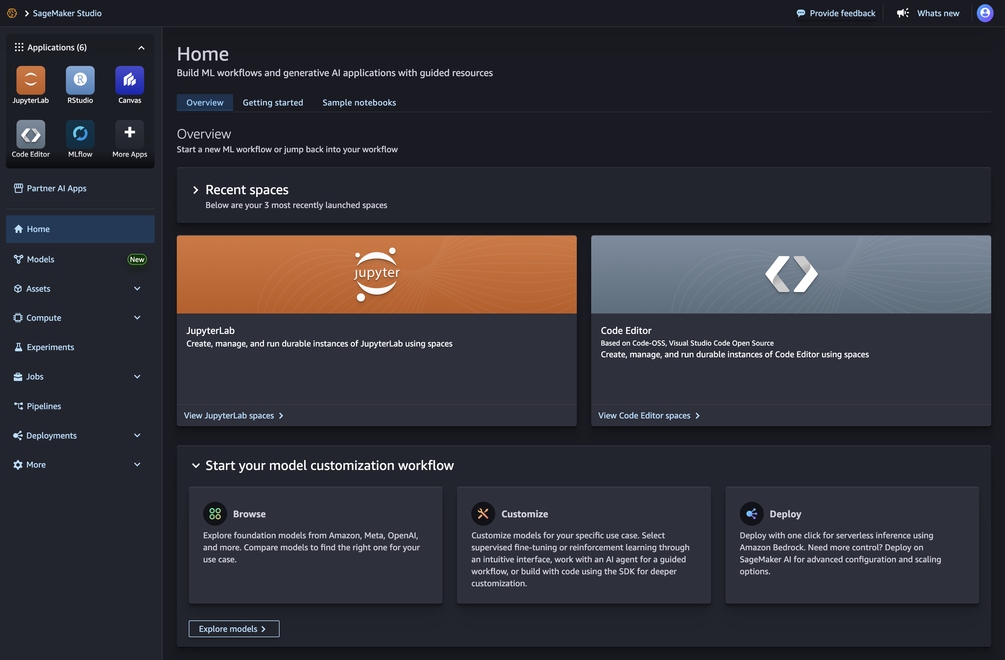 Amazon SageMaker Studio-Oberfläche mit Zugriff auf JumpStart.