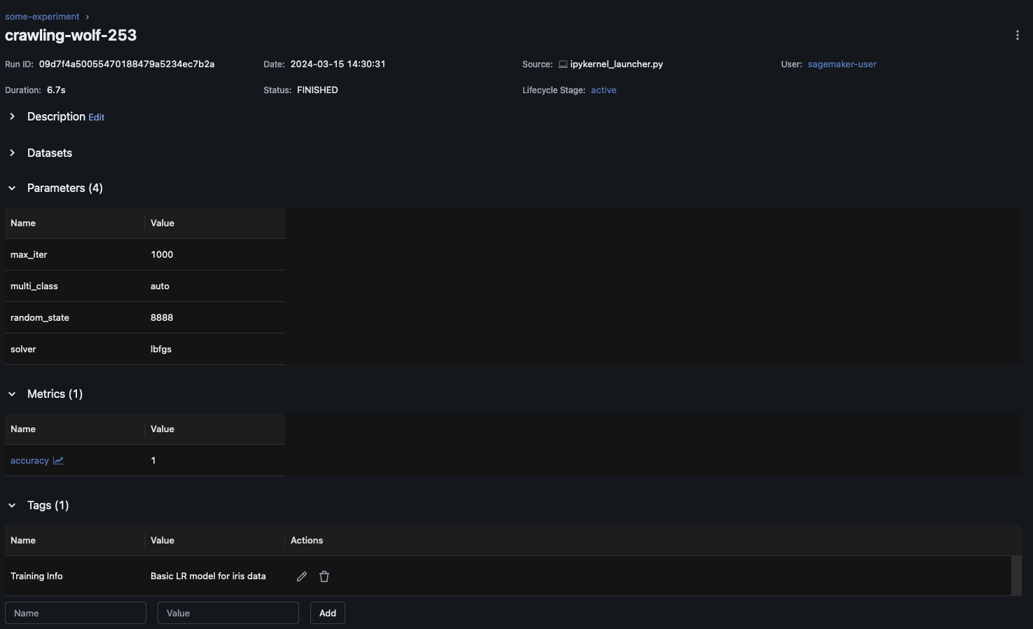 Verfolgte Parameter für einen Experimentlauf in der MLflow Benutzeroberfläche.