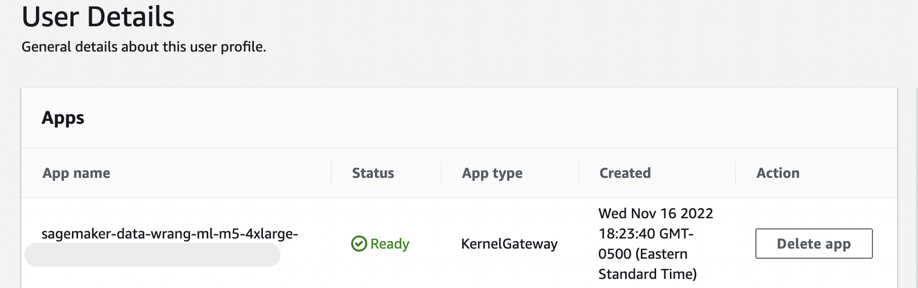 Beispiel dafür, dass der Status der KernelGatewayApp auf der Seite mit den Benutzerdetails „Bereit“ lautet.