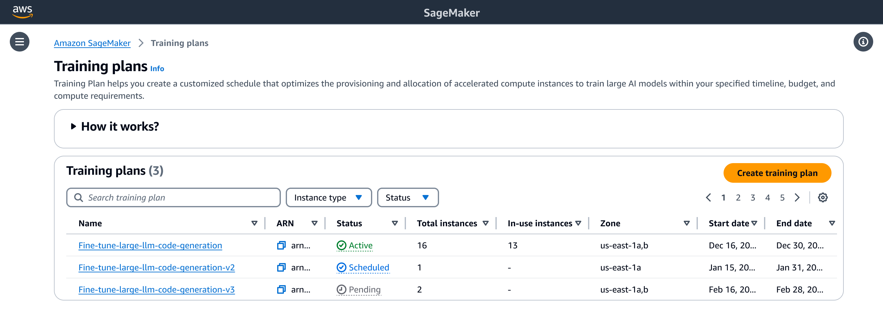 SageMaker KI-Konsole, auf der die Seite mit der Liste der Trainingspläne angezeigt wird. Die Seite enthält eine Tabelle mit den Trainingsplänen mit Details wie Name, Status, Gesamtzahl der Instances, Instances, Zone, Start- und Enddatum. Eine Schaltfläche zum Erstellen eines neuen Trainingsplans ist sichtbar.