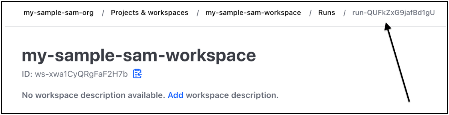 Der Breadcrumb-Pfad, in dem Terraform Cloud die Run-ID angezeigt wird.