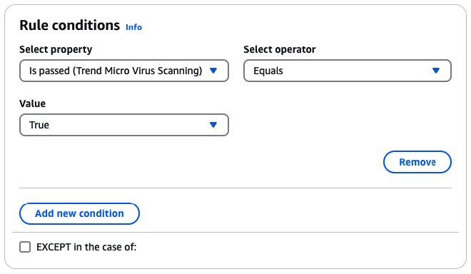 Verwenden Sie das Trend Micro Virus Scanning Add-On in einer Regelbedingung, um eine Regelaktion für E-Mails zu bestimmen, die den Virenscan bestehen.