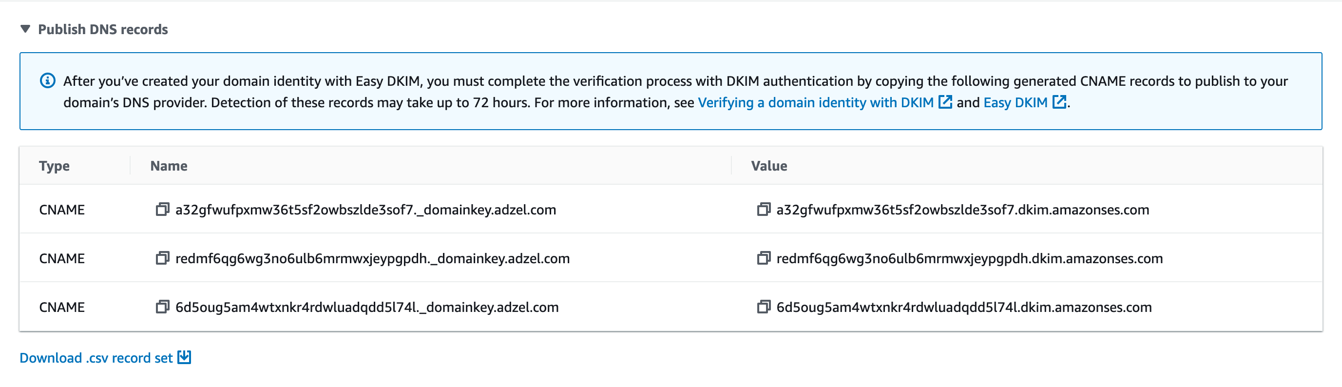 Der Bereich "DKIM" einer Detailseite für eine Identität. Drei fiktive CNAME-Datensätze werden angezeigt.