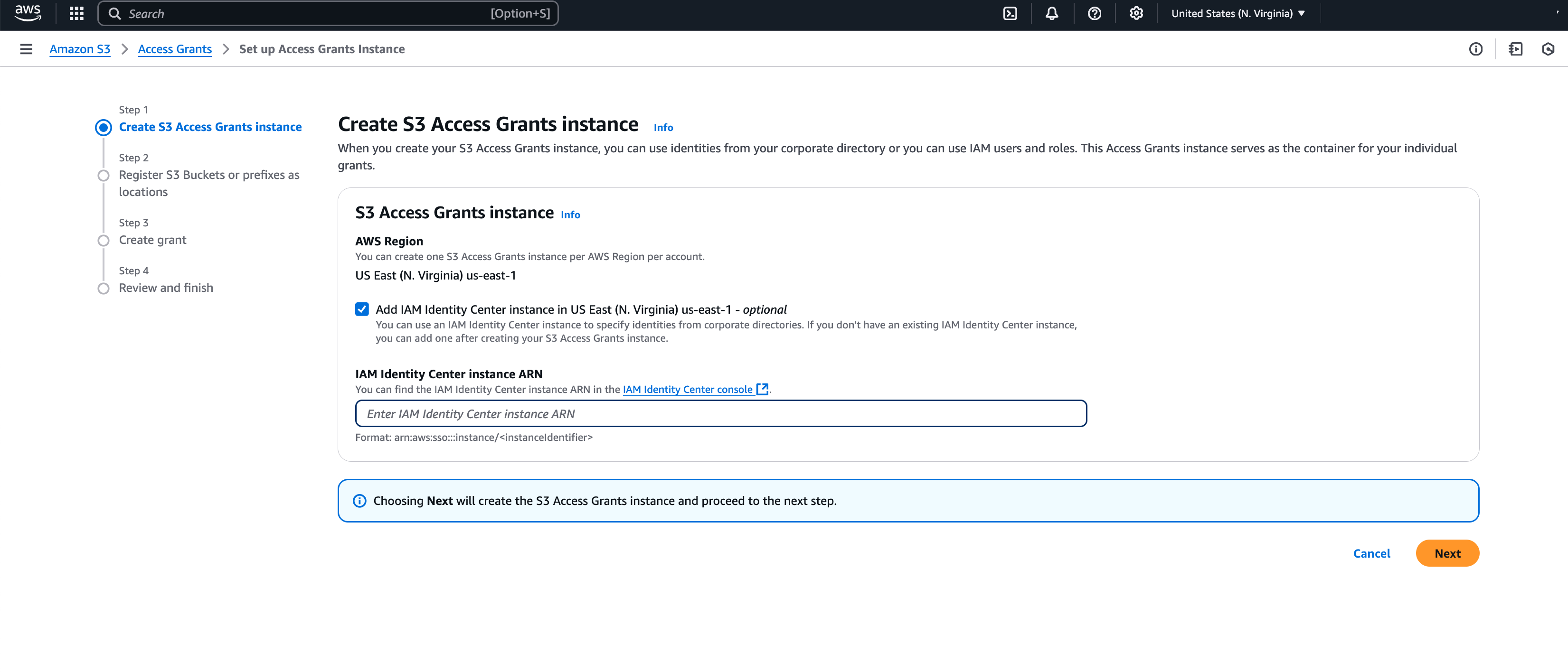 Erstellen Sie eine Access Grants S3-Instanzseite in der S3 Access Grants-Konsole.