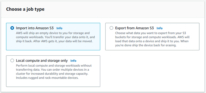 Wählen Sie den Bereich „Auftragstyp“ aus, in dem der ausgewählte Jobtyp „In Amazon S3 importieren“ angezeigt wird.