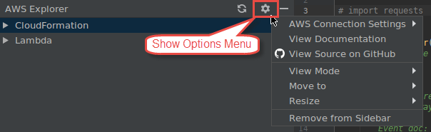 AWS Explorer: Menü „Optionen anzeigen“