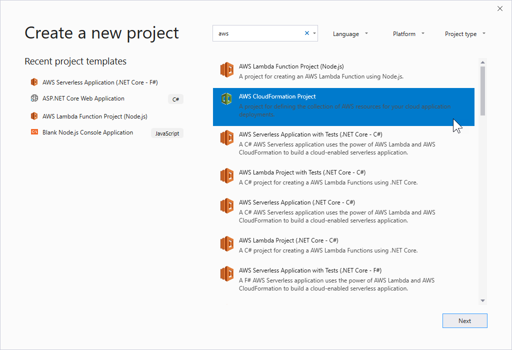 Project template options for AWS-Services, including Lambda, CloudFormation, and Serverless applications.