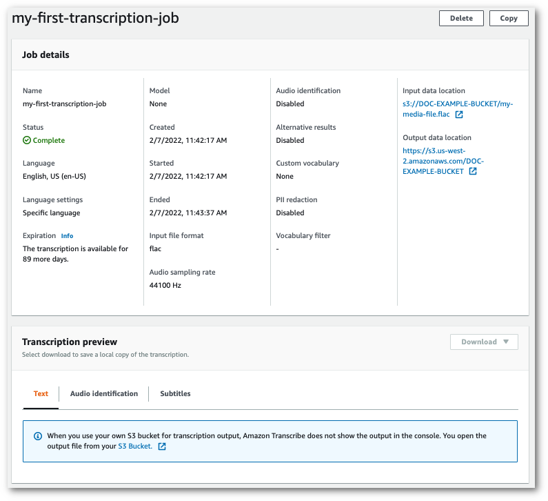 Amazon Transcribe Konsolen-Screenshot: Übersichtsseite für die Transkription in einem selbstverwalteten Bucket.