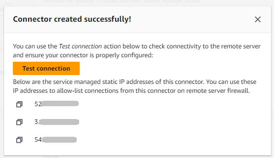 Der Bildschirm zur Konnektorerstellung, der angezeigt wird, wenn ein SFTP Connector erfolgreich erstellt wurde. Er enthält eine Schaltfläche zum Testen der Verbindung und eine Liste der vom Dienst verwalteten statischen IP-Adressen dieses Connectors.