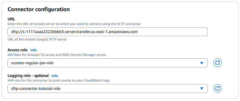 Die Transfer Family SFTP-Connector-Konsole mit den Connector-Konfigurationseinstellungen.