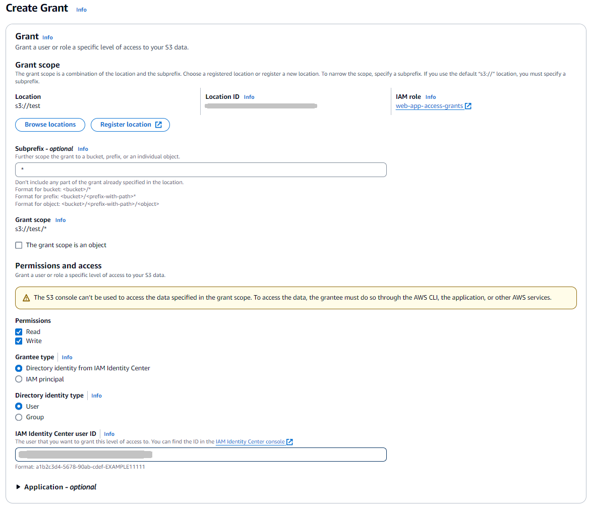 Bildschirm mit dem Amazon S3 S3-Dialogfeld „Grant erstellen“ mit Beispielwerten.