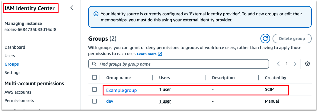 IAM Identity Center zeigt eine Beispielgruppe, die aus Okta integriert wurde