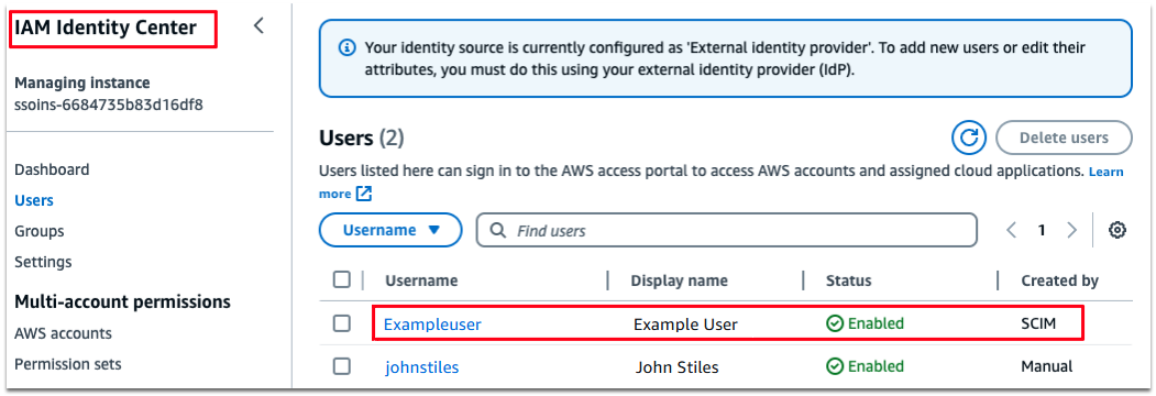 Das IAM Identity Center zeigt ein Beispiel für einen aus Okta integrierten Benutzer