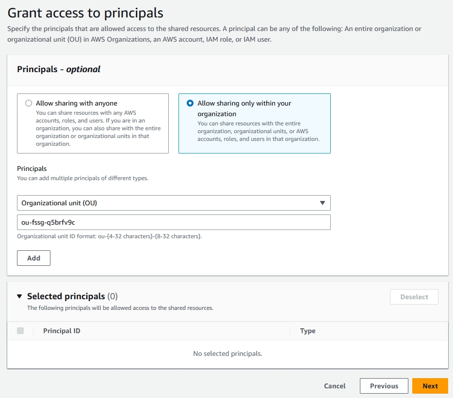 Gewähren Sie Zugriff auf eine Ressourcenfreigabe in der AWS RAM Konsole.