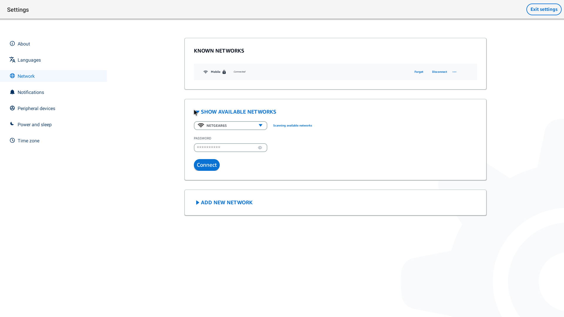 Network settings interface showing known networks, available networks, and option to add new network.
